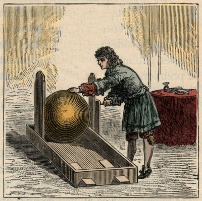 Otto von Guericke (1602-1686), niemiecki fizyk, obsługujący pierwszy generator elektryczności statycznej - Maszyny statyczne: Otto von Guericke (Otto de Guericke autorstwa French School