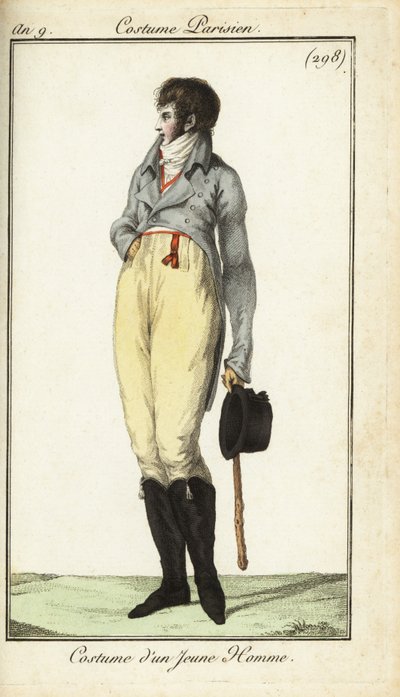 Strój młodzieńca lub Incroyable, maj 1801 r. (ręcznie kolorowany miedzioryt) autorstwa French School