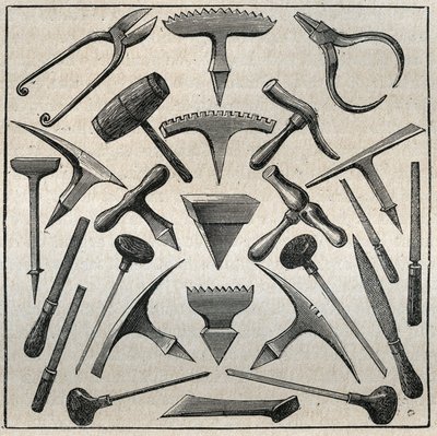 Narzędzia golfowe. Grawer z 1885 roku w „Les arts et professions illustrés” Adolphe BITARD. autorstwa French School