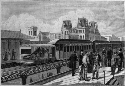 Przegląd stacji kolejowej Elevated Railroad i pociągu elektrycznego w Nowym Jorku, USA. Grawer w „” La Nature. Revue des sciences et de ses applications aux arts et a l