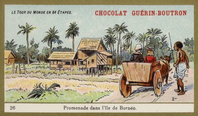 Przejażdżka wozem wołowym na wyspie Borneo (chromolitho) autorstwa French School