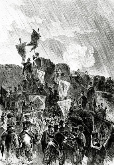 Pacyfistyczna demonstracja na fortyfikacjach dokonana przez masonów 28 kwietnia 1870 r., żądająca zaprzestania bombardowania Paryża, z Le Monde Illustré, 5 maja 1870 r. autorstwa French School