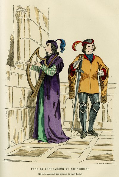 Stroje strony i trubadur w XIII wieku. Grawerowanie barwne według rysunku rękopisu cudów św. Ludwika (Ludwik IX 1214-1270), w „France et les francais à travers les century” Augustina Challamela, redaktora F.Roya, Paryż 1882. S autorstwa French School
