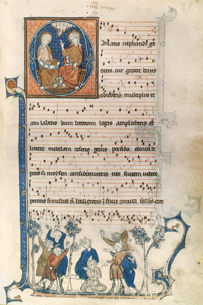 Strona z rękopisu paryskiej śpiewaczki, z ilustracjami Trójcy Świętej i gry Blind Mans Bluff, c.1280-1315 autorstwa French School