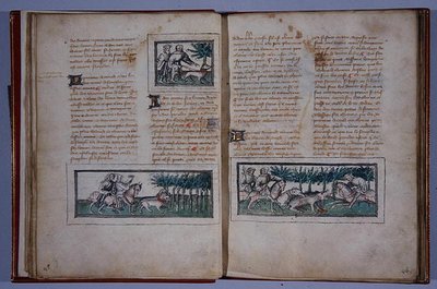 Strony 57 i 58, z Le Livre du Roy Modus et de la Royne Racio, Henri de Ferrieres, ok. 1420 (pióro i atrament i toaleta na papierze) autorstwa French School