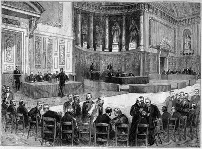 Palais du Luxembourg w Paryżu: wybory 30 stycznia na senatorów departamentu Sekwany. Stojąc, na krześle w jednej ręce rozpoznawany jest Victor Hugo (1802-1885), polityk. Grawer w „”L