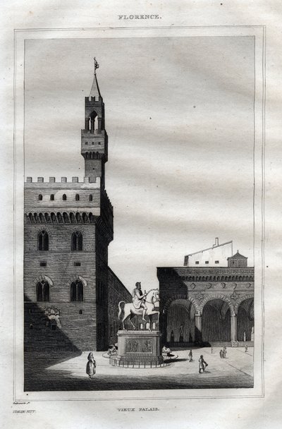 Palazzo vecchio we Florencji - Piazza della Signoria - Grawer z „” Malownicze Włochy” – Historyczne i opisowe malarstwo Włoch” M. de Norvins, Ch. Nodier 1834-1836. autorstwa French School