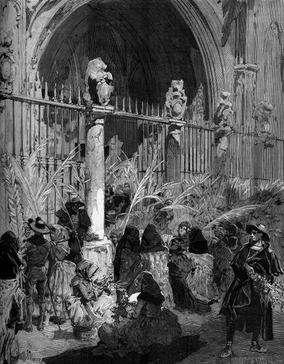 Niedziela Palmowa w Hiszpanii: wyprzedaż palm benitowych przed katedrą w Toledo. Grawerowanie Panny w „”The Illustrous World”” nr 1200 z 27 marca 1880 r. autorstwa French School
