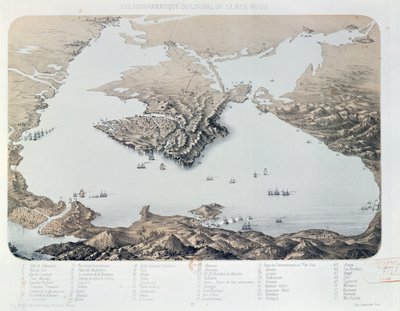 Panoramiczny widok i plan Sewastopola i wybrzeża Morza Czarnego w czasie wojny krymskiej, 1855 autorstwa French School