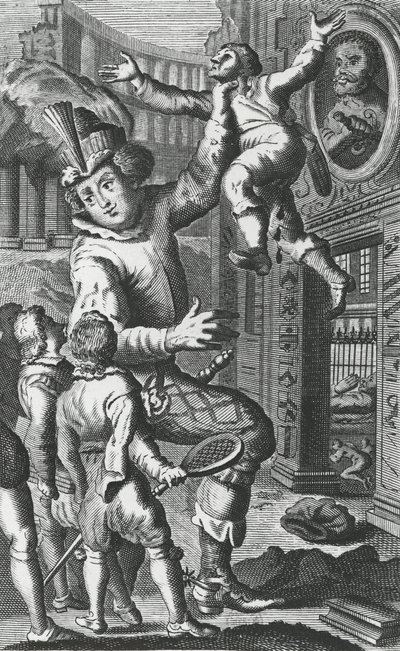 Pantagruel chwytający Limousin za gardło, ilustracja z „Gargantua i Pantagruel”, autorstwa François Rabelais (rycina) autorstwa French School