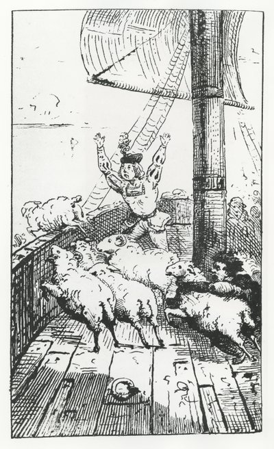 Owce Panurga, ilustracja z „Gargantua i Pantagruel”, autorstwa François Rabelais (rycina) autorstwa French School