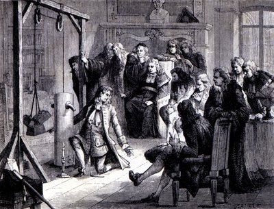 Papin (1647 - 1714) eksperymentuje ze swoją maszyną proszkową przed profesorami Uniwersytetu w Marburgu - w „Albumie Nauki; wybitni naukowcy; Wielkie odkrycia”” 1896. autorstwa French School