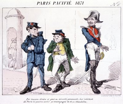 Pacyfik w Paryżu 1871 - Ze względu na porządek i bezpieczeństwo osobiste, każdy mieszkaniec Paryża może wyjść tylko z dwiema świecami. Karykatura o Gminie. autorstwa French School