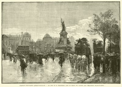 Paryż podczas wystawy, Place de la Republique, punkt odjazdu samochodów na wystawę, w deszczowy dzień (grawerowanie) autorstwa French School