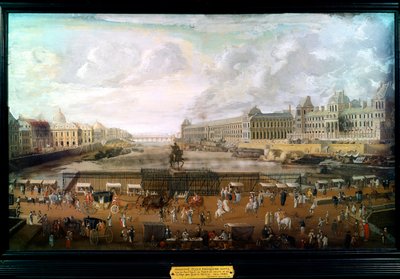 Paryż, Widok na Pont-neuf (Pont Neuf), Pałac Luwru i Kolegium Czterech Narodów ok. 1680 r. (olej na płótnie) autorstwa French School