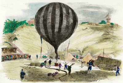 Kwatera główna w Paryżu z 1870 r.: widok jednego z balonów używanych do komunikacji z otoczeniem na Place Saint Pierre (Montmartre) w Paryżu. Rycina z 1870 r. Kolekcja prywatna autorstwa French School