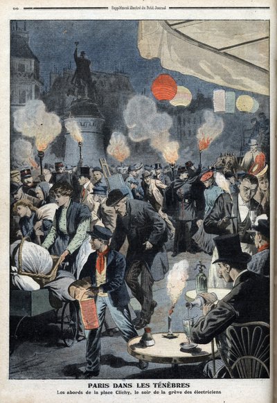 Paryż w ciemności - Okolice Clichy, wieczór strajku elektryków - „Le petit Journal”, marzec 1907 (rycina) autorstwa French School