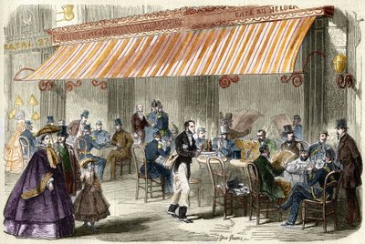 Paryż w XIX wieku. Boulevard des Italians w 1859 roku: przed kawiarnią Helder o piątej wieczorem. autorstwa French School