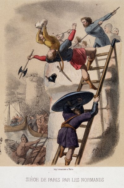Oblężenie Paryża przez Normanów (885) - litografia, koniec XIX w. autorstwa French School