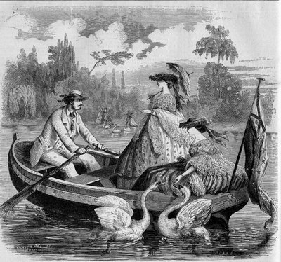 Tryby paryskie, lato 1857: przejażdżka łodzią po jeziorze. Grawer w „Le Monde Illustré” nr 24 z 26 września 1857 r. autorstwa French School