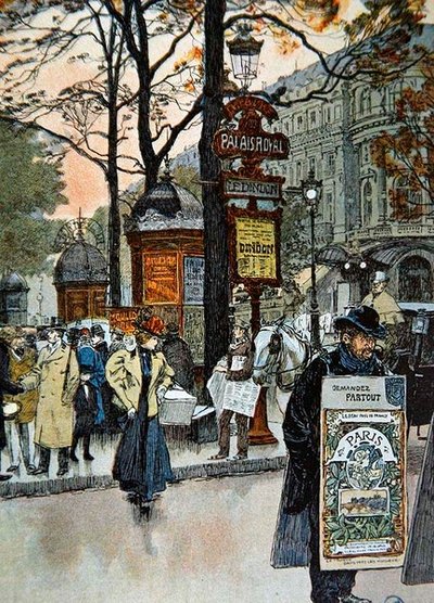 Paryska scena uliczna w pobliżu stacji metra Palais-Royal, ok. 1900 (kolor lito) autorstwa French School