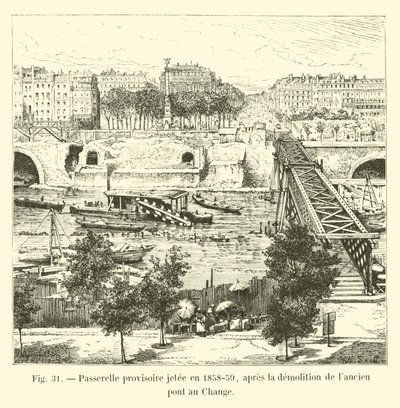 Prowizoryczna kładka rzucona w latach 1858-59, po wyburzeniu starego Pont au Change autorstwa French School