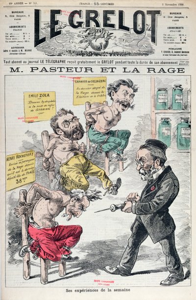 Pasteur i wścieklizna, karykatura eksperymentów Ludwika Pasteura (1822-95) z Le Grelot, 8 listopada 1885 autorstwa French School