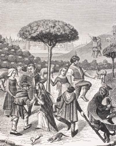 Chłopskie tańce świąt majowych, według miniatury z XV-wiecznego modlitewnika, z „Le Moyen Age et La Renaissance” Paula Lacroix (1806-84) opublikowanej w 1847 r. autorstwa French School