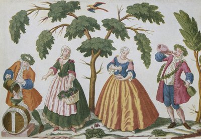 Chłopi i mieszczanie zajmujący się winem (kolorowe grawerowanie) autorstwa French School
