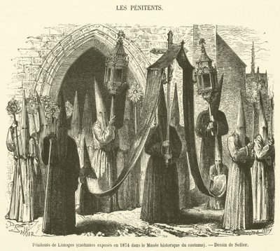 Pokutnicy z Limoges, kostiumy wystawione w 1874 r. w Muzeum Kostiumów Historycznych (grafika) autorstwa French School