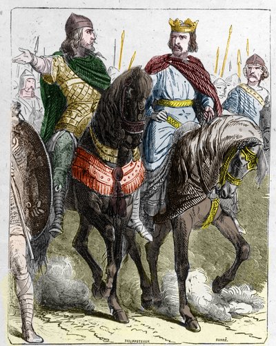 Pepin II de Herstal, znany jako Pepin le Gros lub Pepin le Jeune (645 -714) z Chlodwigiem III, królem franków od 691 do 695. autorstwa French School
