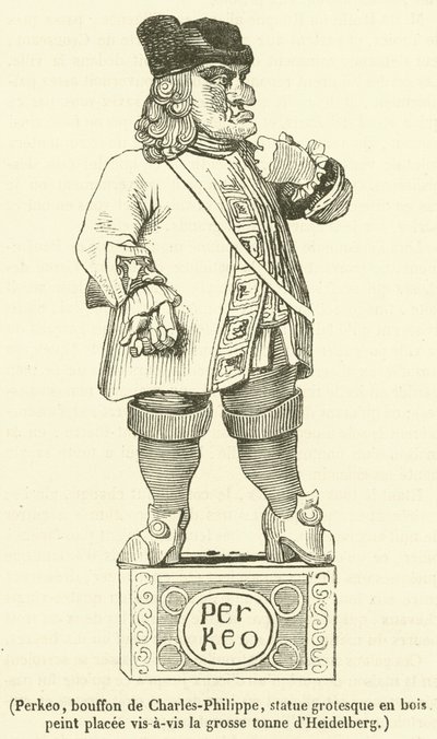 Perkeo, błazen Karola Filipa, groteskowa statua z malowanego drewna naprzeciw wielkiej tony Heidelbergu (rycina) autorstwa French School