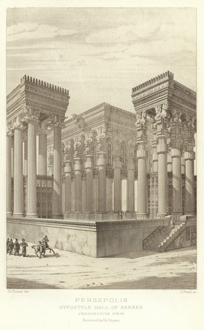 Persepolis, hipostylowa sala Kserksesa, widok perspektywiczny, odrestaurowany przez Ch Chipieza autorstwa French School