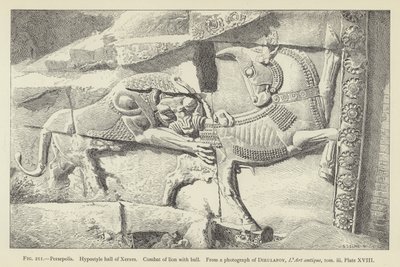 Persepolis, hipostylowa sala Kserksesa, walka lwa z bykiem autorstwa French School