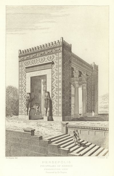 Persepolis, Propyleje Kserksesa, widok perspektywiczny, odrestaurowany przez Ch Chipieza autorstwa French School
