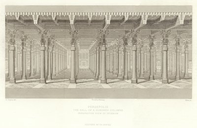 Persepolis, Sala Stu Kolumn, Perspektywiczny widok wnętrza, odrestaurowany przez Ch Chipieza autorstwa French School