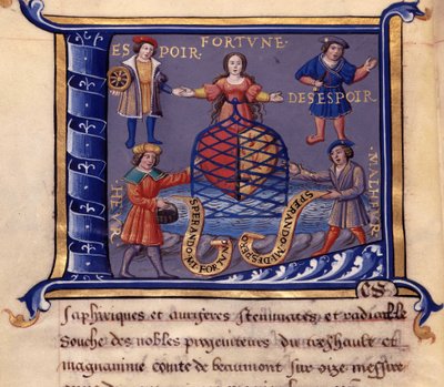 Personifikacje Fortuna, Nadzieja, Desperacja, Biada i Biada – w „”Disours de l’origine, office, charge, progresses, privileges et immunite des roys et heraults d’armes de France”” Barona de Montmorency autorstwa French School