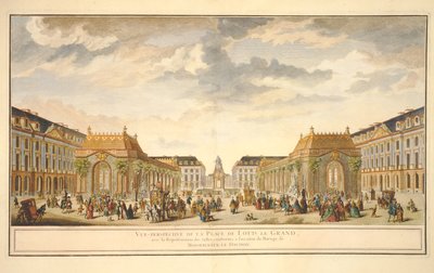 Widok perspektywiczny na Place de Louis le Grand z pokojami wybudowanymi z okazji ślubu Monseigneur le Dauphin (kolorowy grawerunek) autorstwa French School