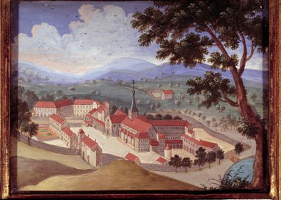 Widok perspektywiczny opactwa Port royal des champs. Widok na klasztor Port-Royal-des-Champs). Anonimowy obraz z XVIII wieku. Port Royal, Musee Des Granges. autorstwa French School