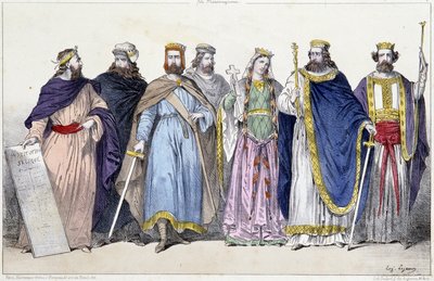 Pharamond, Clodion, Merovee, Childeric, Clotilde, Clovis 1er i Childebert 1er - w „Monarchii francuskiej w drukach”” autorstwa French School
