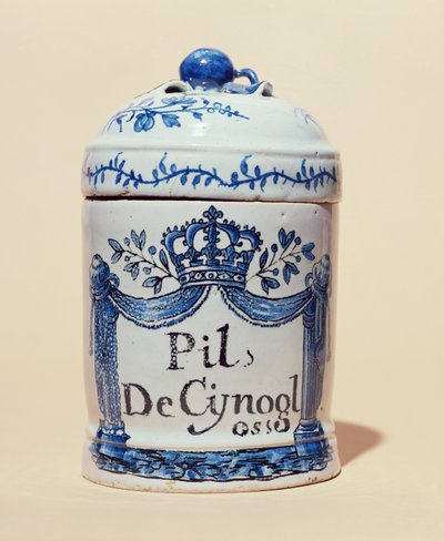 Słoik farmaceutyczny na tabletki makaka jawajskiego, ok.1700 (ceramiczny) autorstwa French School