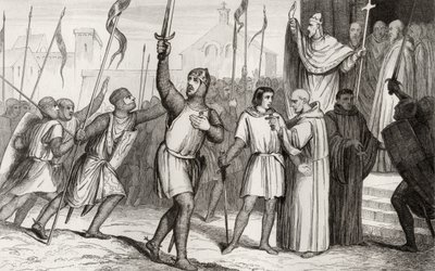 Philippe I (1052-1108) i papież Urban II (ok. 1035-99) zbierają zwolenników na pierwszą krucjatę w 1095, z „Histoire de France” Colarta, opublikowanej ok. 1840 autorstwa French School