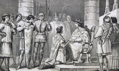 فیلیپ VI (1293-1350) ډی ویلیس د انګلستان اډوارډ III (1312-77) ته درناوی وړاندې کوي مګر یوازې د ډیوک آف اکویټین په توګه، د کولارټ لخوا د "هیسټویر ډی فرانس" څخه، په 1840 کې خپور شوی. autorstwa French School