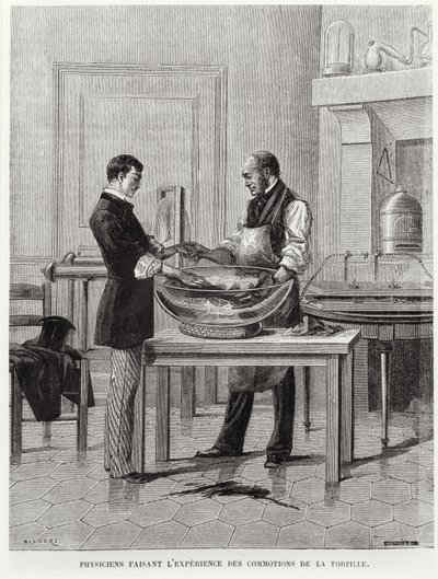 Fizycy eksperymentujący z torpedą, 2. poł. XIX w. (rycina) (zdjęcie czarno-białe) autorstwa French School