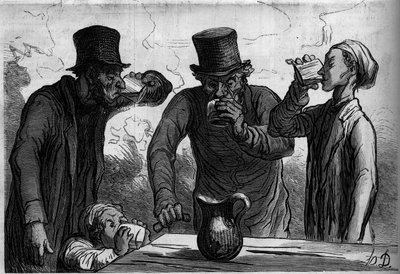 Fizjologia pijącego: cztery wieki. Karykatura Honore Daumiera (1808-1879). Grawerowanie w „”Le Monde Illustré””n°289 z 25 października autorstwa French School