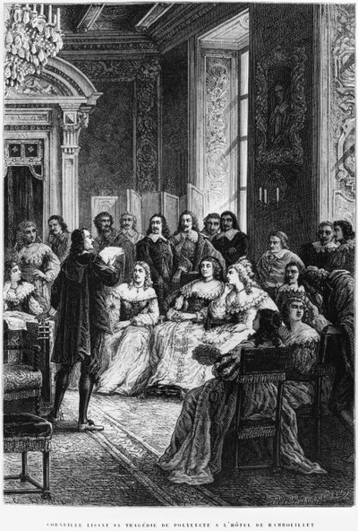 Pierre Corneille (1606-84) czytający Polyeucte w Hotel de Rambouillet, ok. 1880 autorstwa French School