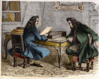 Pierre Corneille czyta „Cid” swojemu bratu Thomasowi Corneille przed udaniem się do Anne „Ninon” z Enclos (lub Ninon de Lenclos lub Ninon de Lanclos autorstwa French School