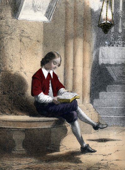 Pierre Gassendi (1592 - 1655): siedząc pod lampą zawieszoną na voîte (kościele), zaczął czytać – w „Les enfants illustres – tales historiques”” Madame Eugenie Foa autorstwa French School