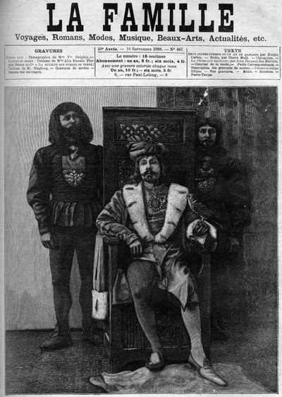 Pierre Loti w stroju Ludwika XI przyjmujący gości w swoim zamku podczas przyjęcia w wystroju z okresu Ludwika XI. Okładka „Rodziny” z 1888 roku. autorstwa French School