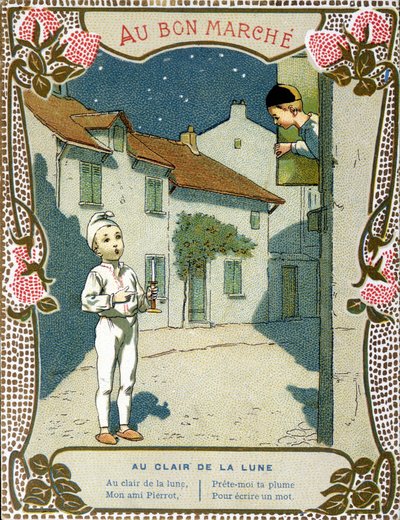 Pierrot ze świecą „Au clair de la lune” – etykieta „Le Bon Marché”” autorstwa French School